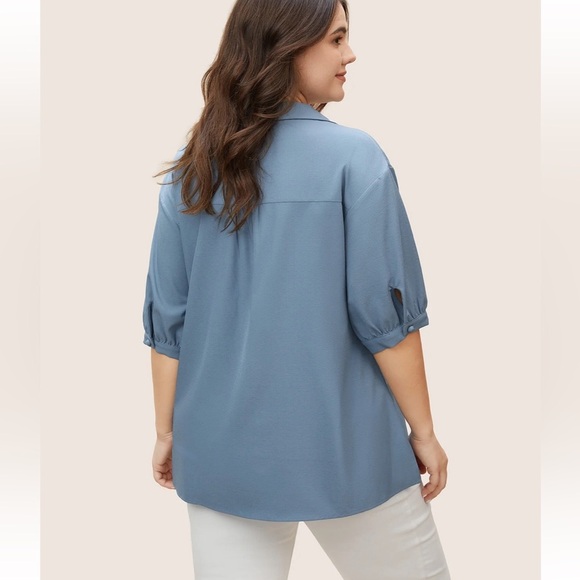 BloomChic Plus Size Plain Lapel Collar Gathered Puff Sleeve Blouse - Picture 5 of 7